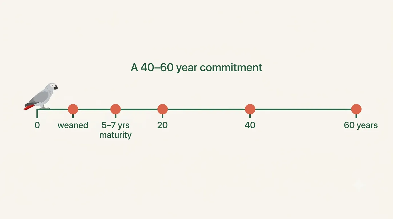 African Grey lifespan timeline from weaning to sixty years with life-stage milestones