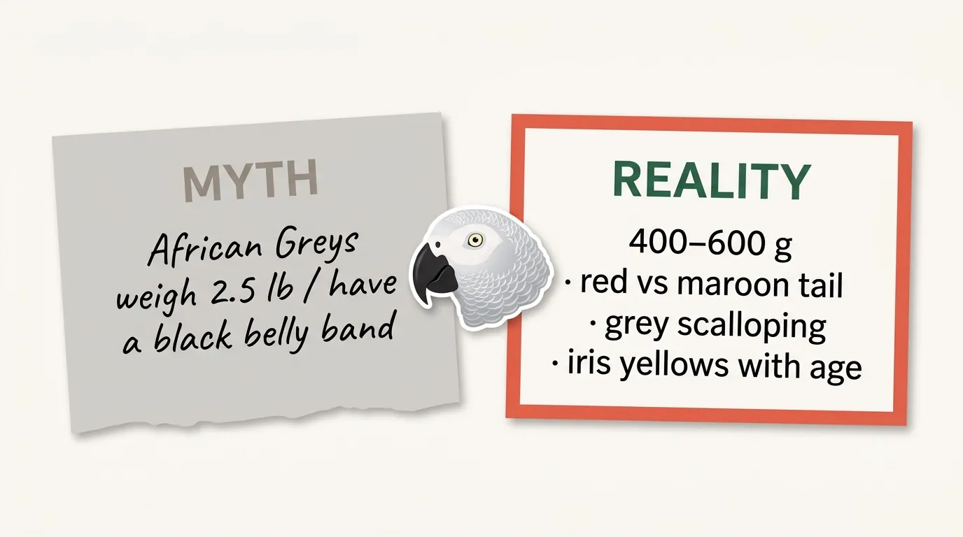 Myth versus reality cards correcting claims about African Grey weight, a fictional black belly band, and whether an Amazon is the better first bird