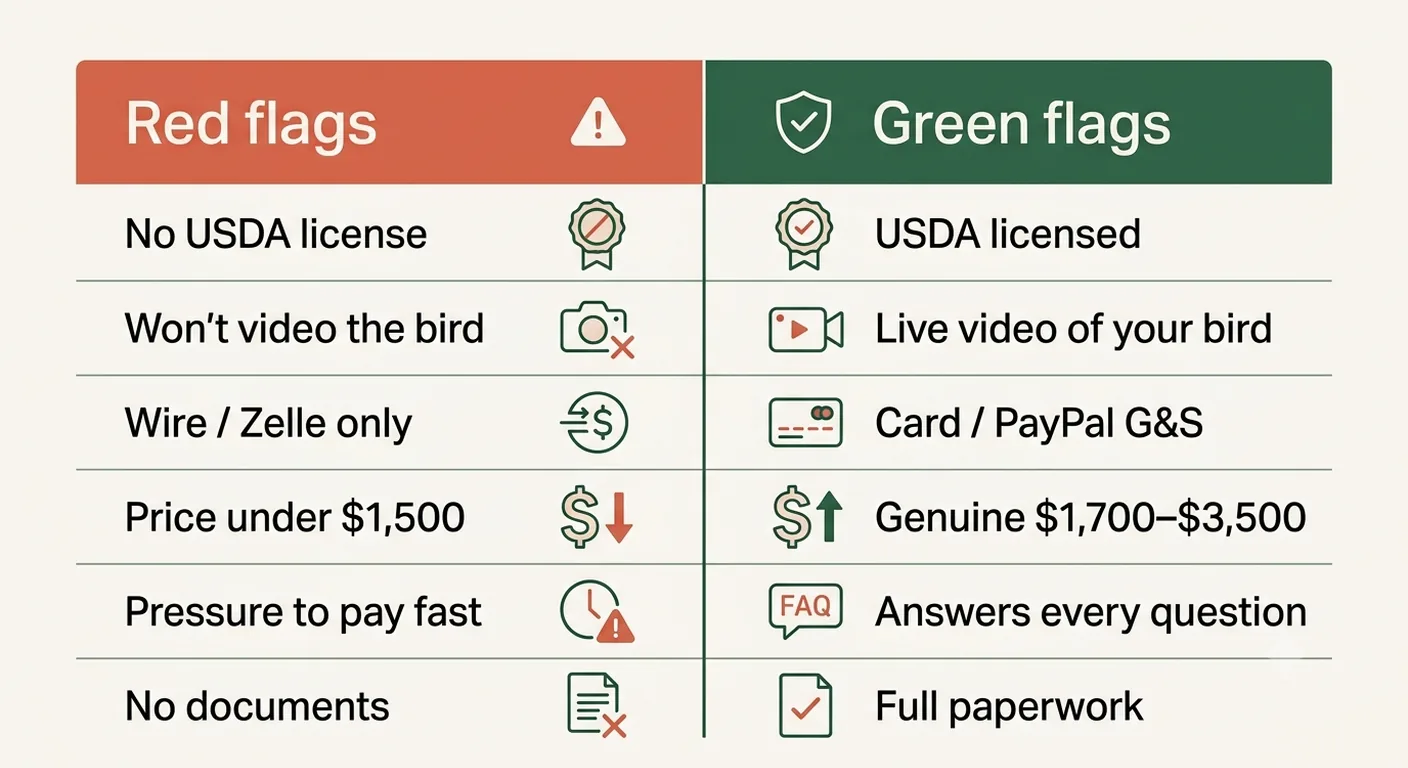 Two-column ledger of African Grey breeder red flags in clay against green flags in forest green