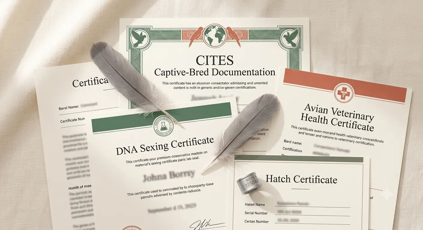 Flat-lay of the C.A.Gs document folder: CITES captive-bred paperwork, hatch certificate with closed band number, DNA sexing certificate and avian vet health certificate
