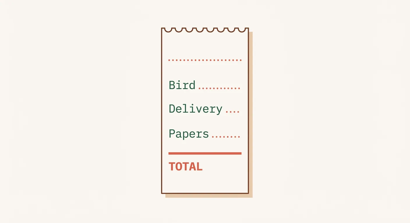 Day one money breakdown for a hand-raised Grey, itemised as bird, delivery and papers on a single receipt