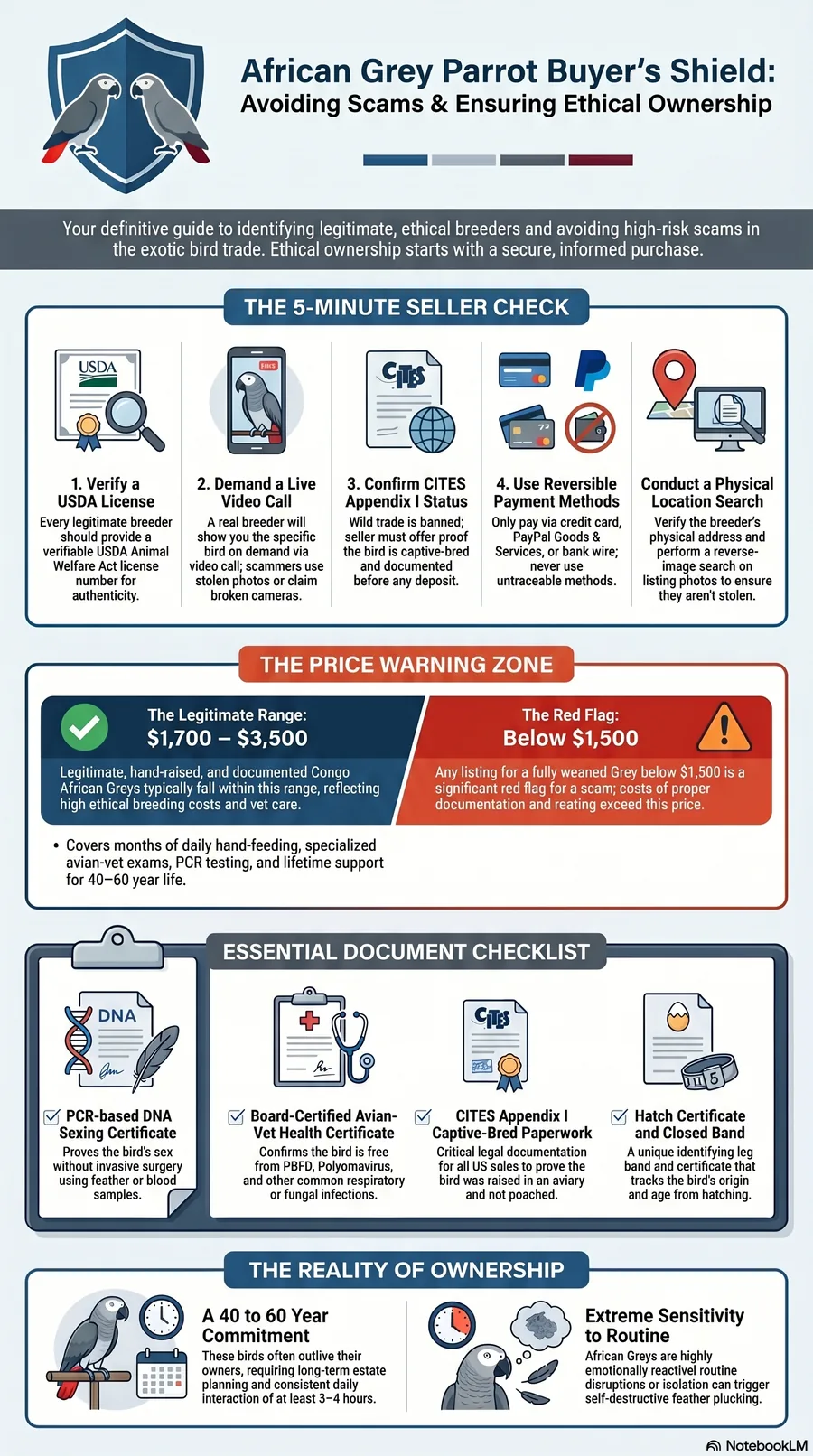 African Grey Parrot Buyer's Shield — the documents and checks that protect you from scams when buying an African Grey: live video call, CITES and DNA paperwork, USDA licence, fair price and a reversible deposit