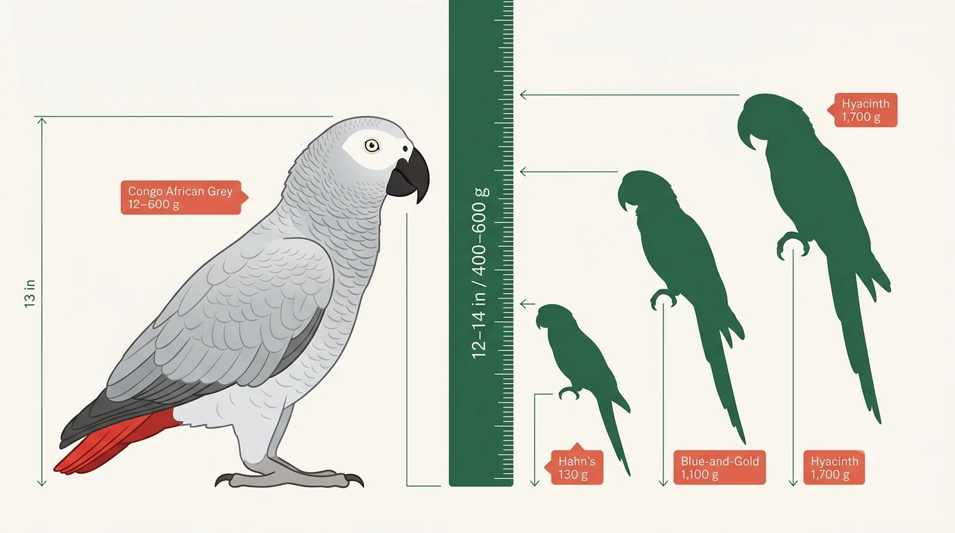 An African Grey drawn to scale between the smallest Hahn's Macaw and the largest Hyacinth Macaw, showing where the Grey sits on the size range