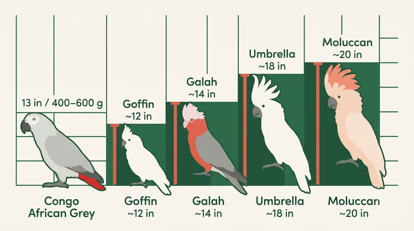 Infographic showing African Grey size of 12 to 14 inches and 400 to 600 grams against cockatoo species ranging from the small Goffin's to the large Moluccan