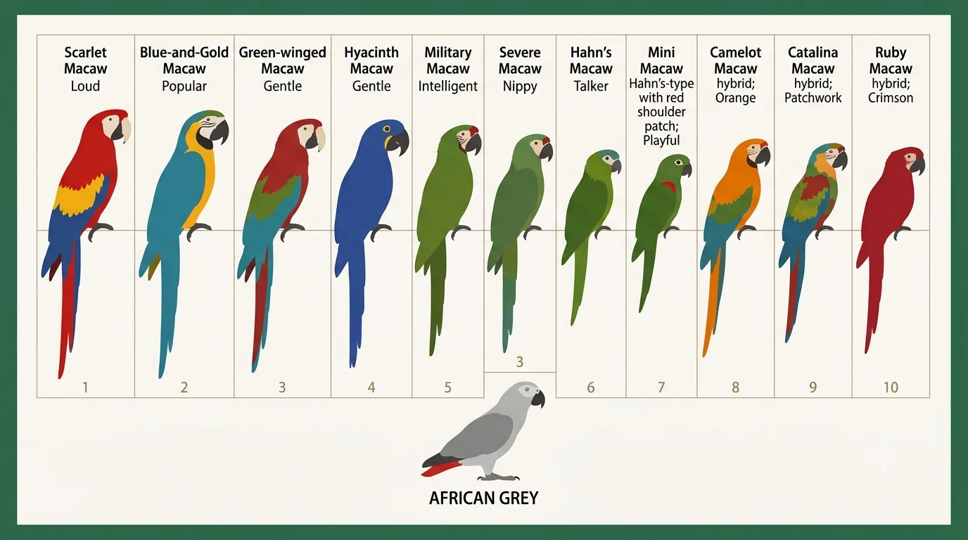 Board showing an African Grey alongside all eleven macaw species and hybrids compared on this page, each labelled with its size class
