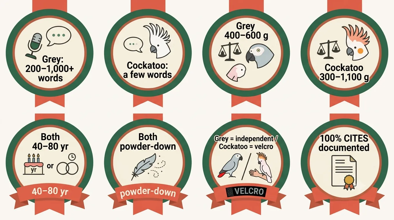 Fast-facts infographic comparing African Grey and cockatoo on talking, noise, affection style, dander, lifespan and price