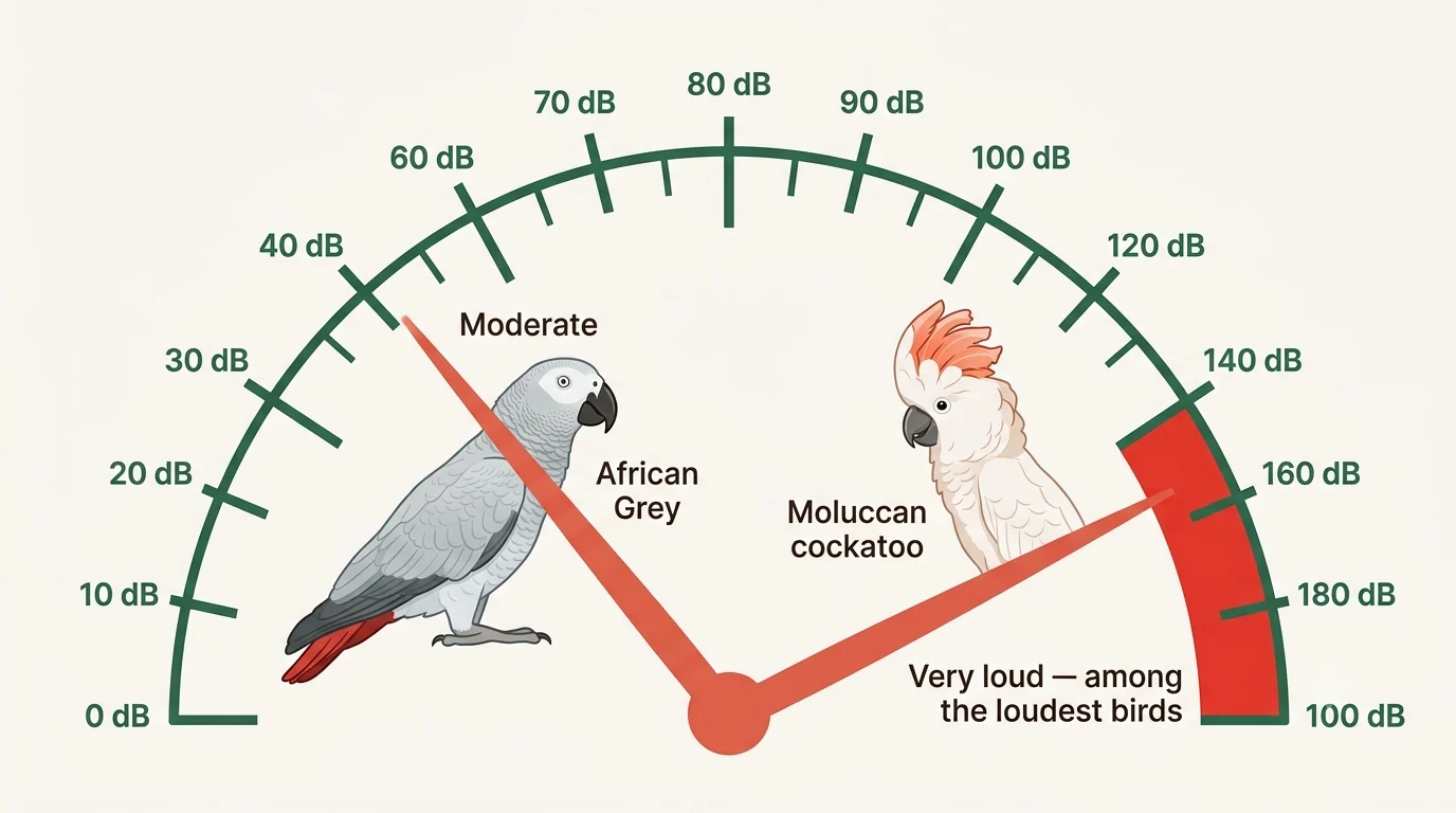 Noise-meter infographic placing the African Grey in the moderate band and the Moluccan cockatoo in the very-loud red zone among the loudest companion birds