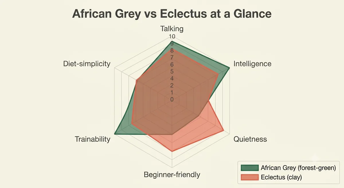 Radar chart comparing African Grey and Eclectus across talking, intelligence, quietness, beginner-friendliness, trainability and diet simplicity