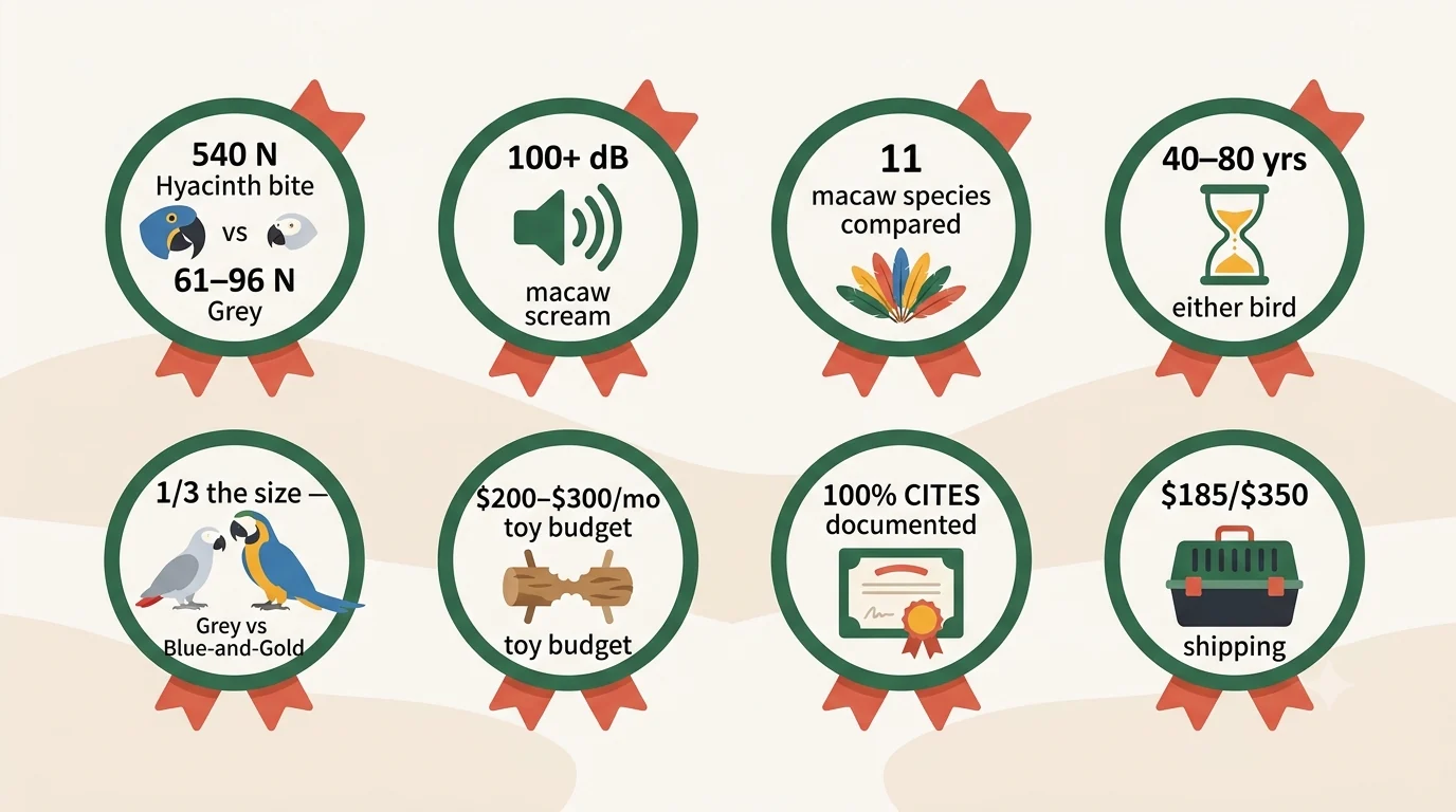Fast-facts badge board comparing African Grey and macaw bite force, noise, size, lifespan and monthly toy budget