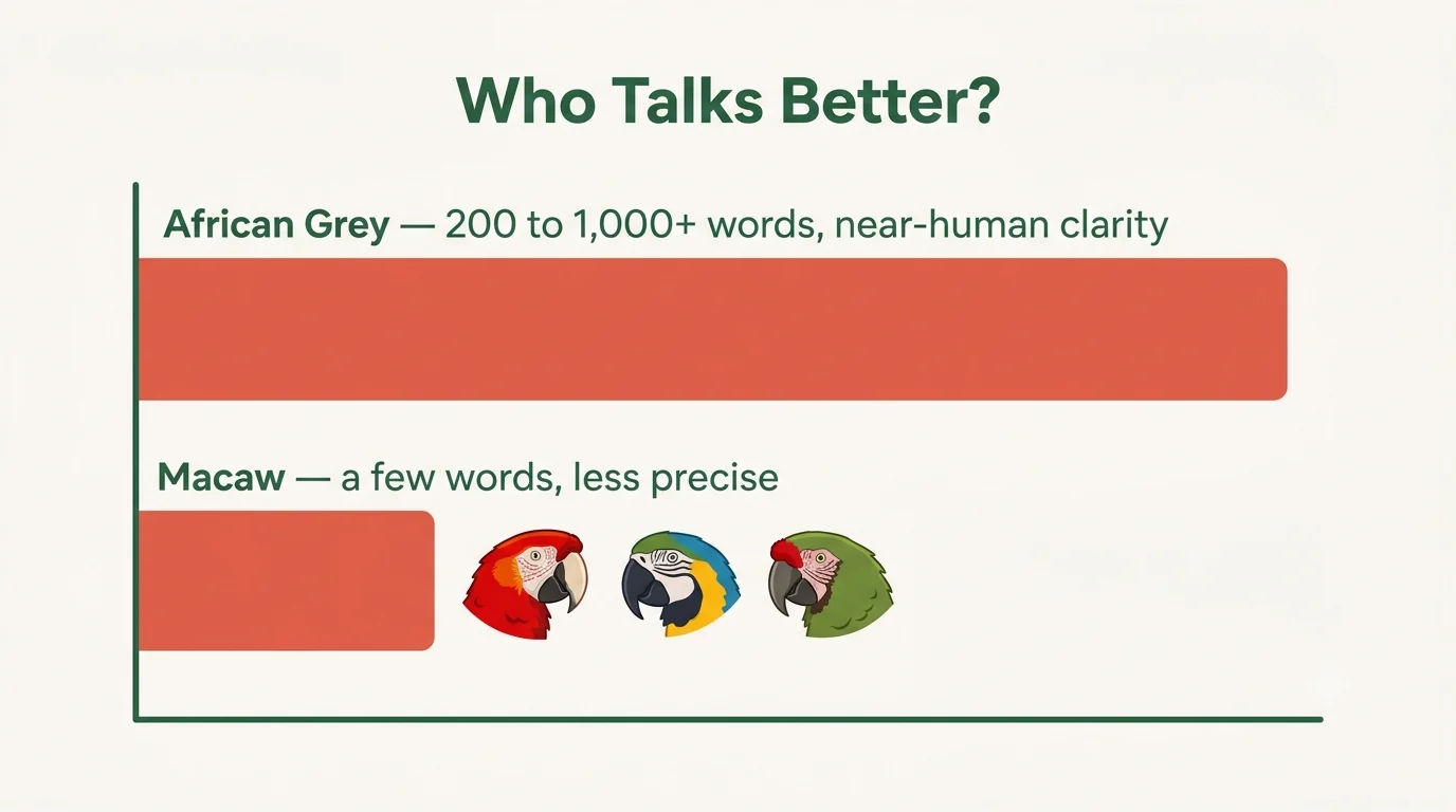 Bar chart comparing an African Grey's 200-to-1,000-plus word vocabulary against the far shorter word counts of macaw species