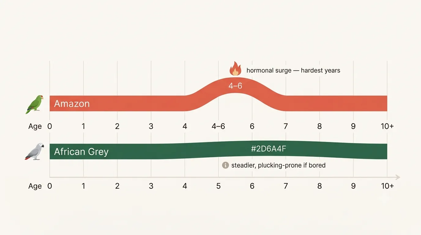 Hormonal-maturity timeline comparing an Amazon's sharp hormonal surge in its middle years against the African Grey's steadier, plucking-prone curve