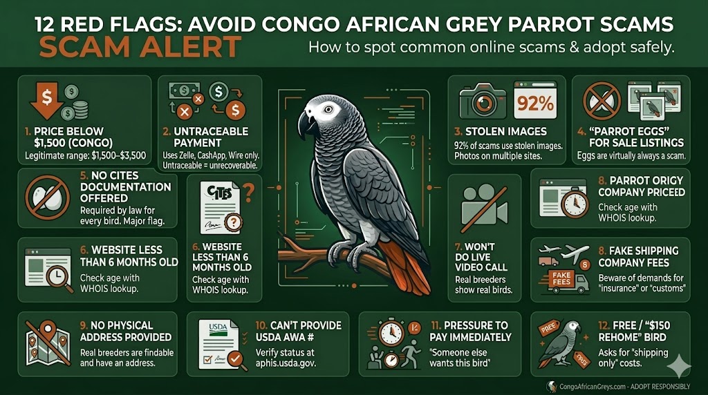 How to avoid African Grey parrot scams — C.A.Gs vs unverified breeders: USDA licensed, CITES documented, verifiable credentials