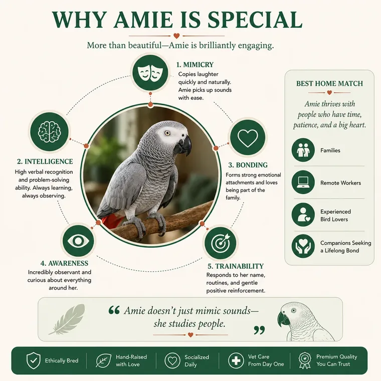 Amie's personality profile — a hand-fed female Congo African Grey rated for mimicry, intelligence, bonding, awareness, and trainability