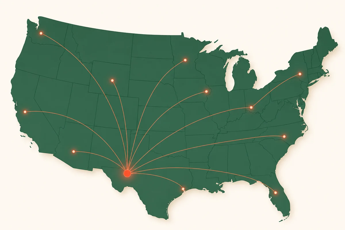 Map of the United States showing C.A.Gs nationwide African Grey delivery from our Midland, Texas hub to all 50 states