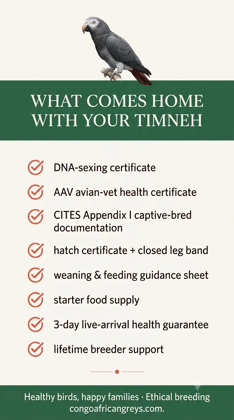 Checklist of what comes home with Elad — DNA cert, AAV health cert, CITES Appendix I papers, hatch certificate, weaning guidance, starter food, health guarantee and lifetime support