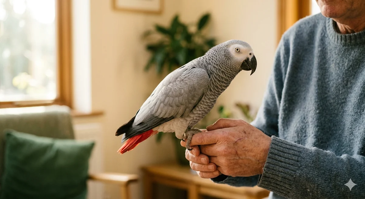 A young Congo African Grey working a colourful foraging toy in our Midland, TX nursery — the daily enrichment every hand-raised African Grey parrot for sale needs