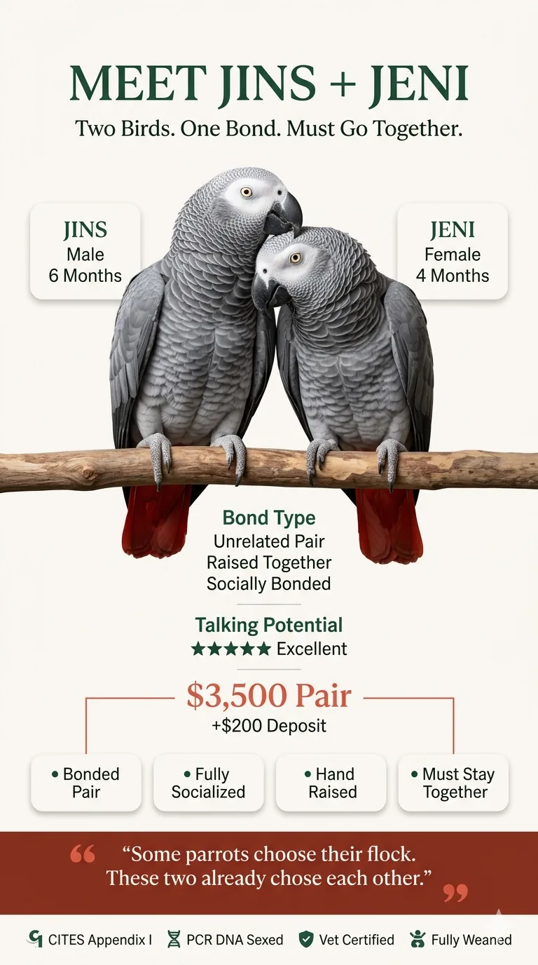 Jins and Jeni, a hand-raised Congo African Grey companion pair for sale at C.A.Gs in Midland, TX — captive-bred, DNA-sexed, $3,500 for the pair