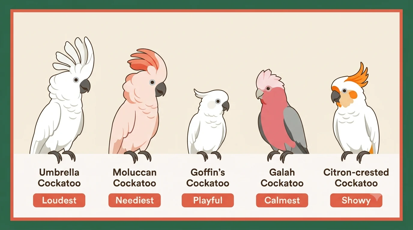Infographic of the pet cockatoo species — Umbrella, Moluccan, Goffin's, Galah and Citron — with a one-word trait for each beside the African Grey