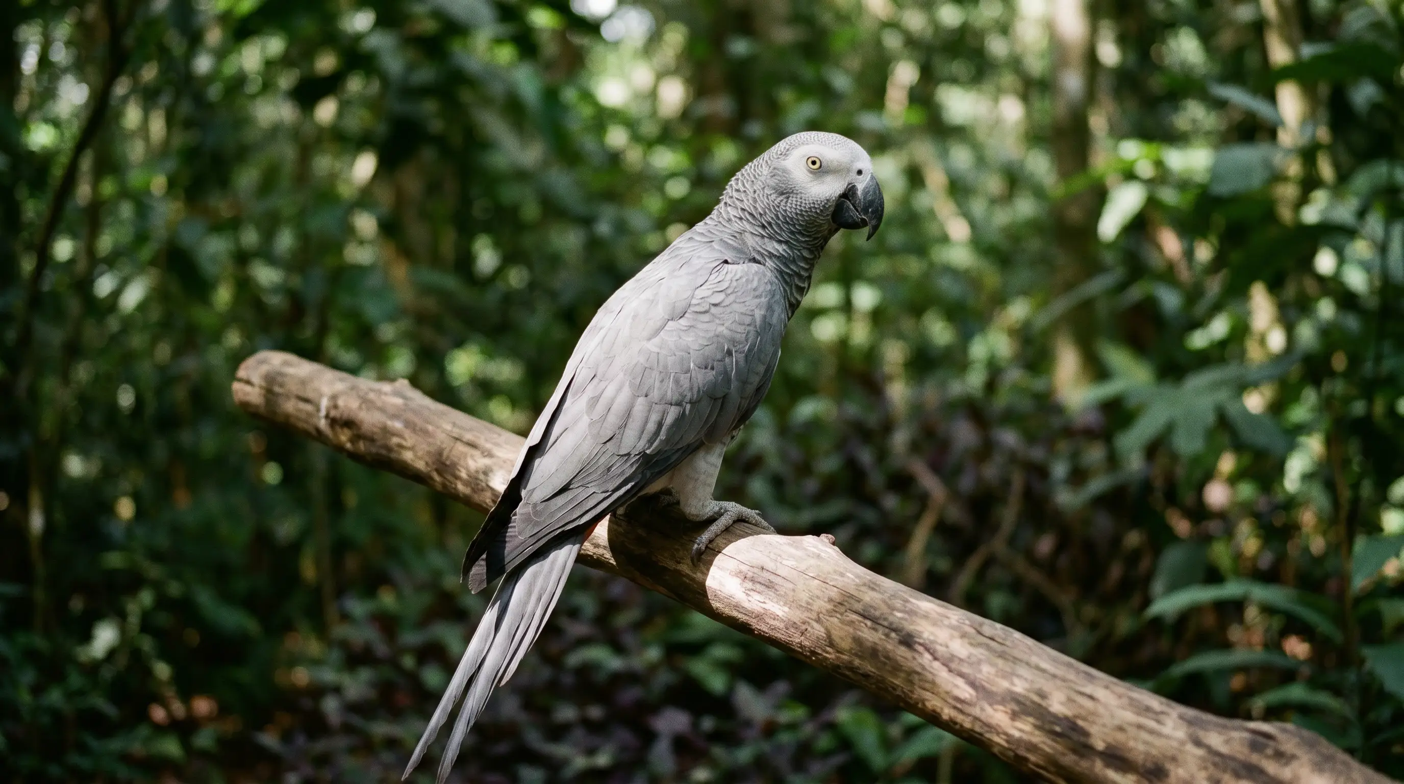 Congo African Grey Parrot (Psittacus erithacus) perched on natural wood — species origin and habitat, West and Central Africa