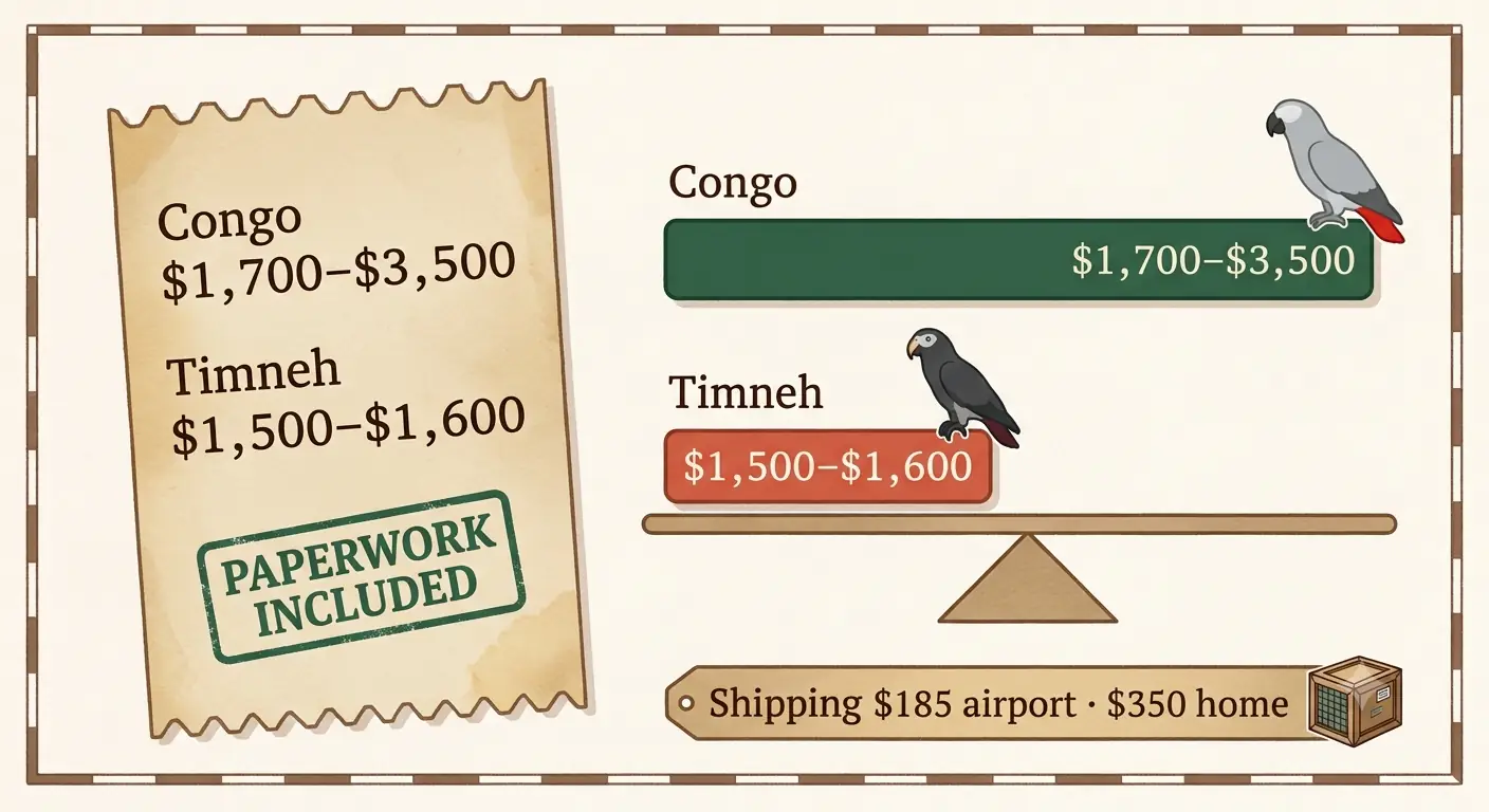 Cost breakdown infographic showing Timneh African Grey prices of 1500 to 1600 dollars, Congo prices of 1700 to 3500 dollars, and a first-year setup budget of 825 to 2000 dollars