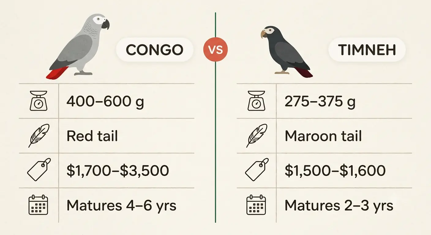 Side-by-side comparison chart of the Congo and Timneh African Grey covering size, plumage shade, tail color, beak, temperament and price