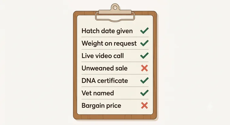 Due-diligence checklist for vetting a grey parrot seller, with unweaned sales and bargain pricing marked as failures