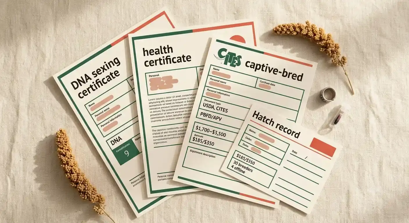 Sample DNA, health, CITES captive-bred and hatch records with personal fields redacted