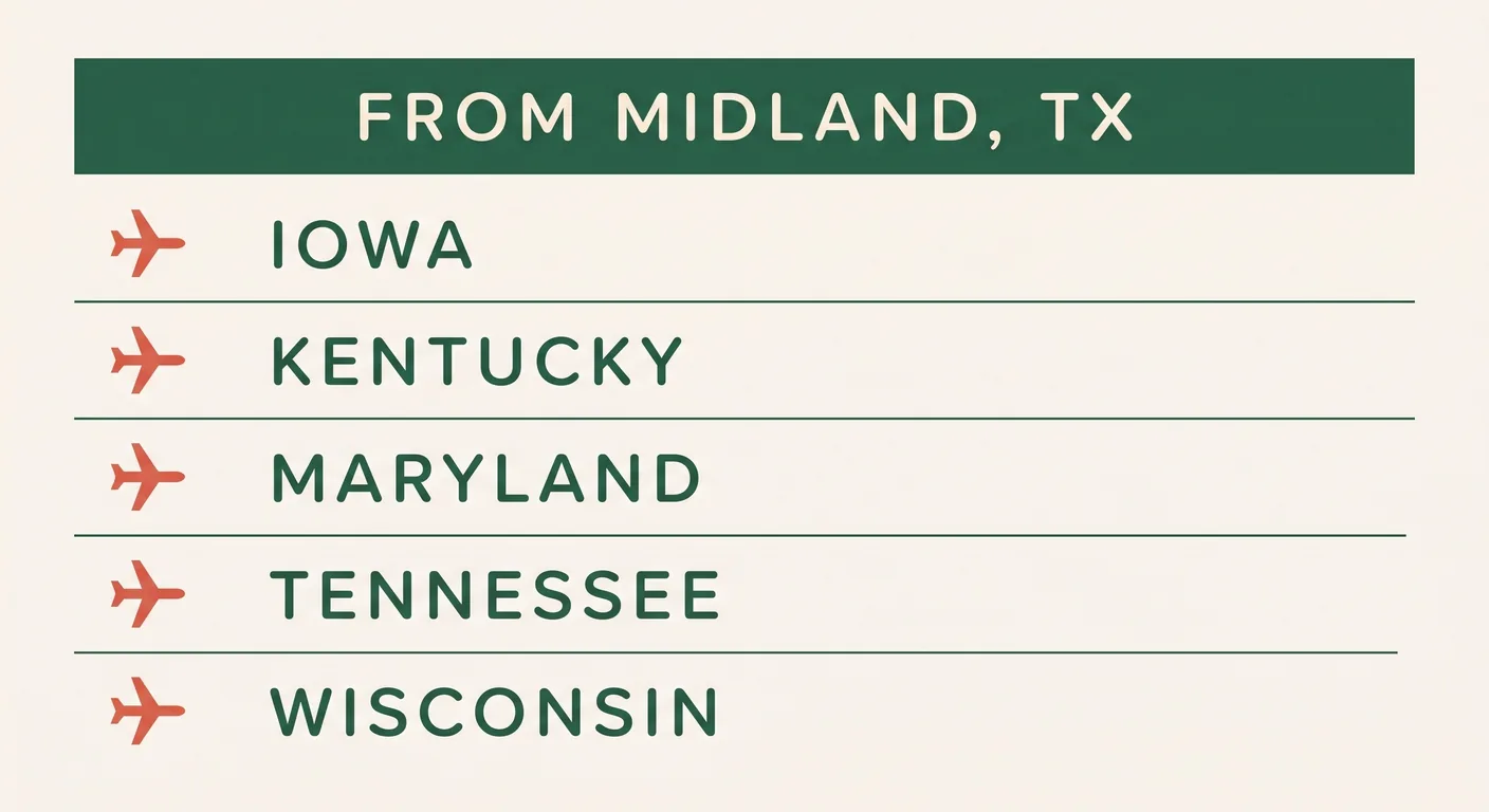 Flight routes from Midland Texas to Iowa, Kentucky, Maryland, Tennessee and Wisconsin