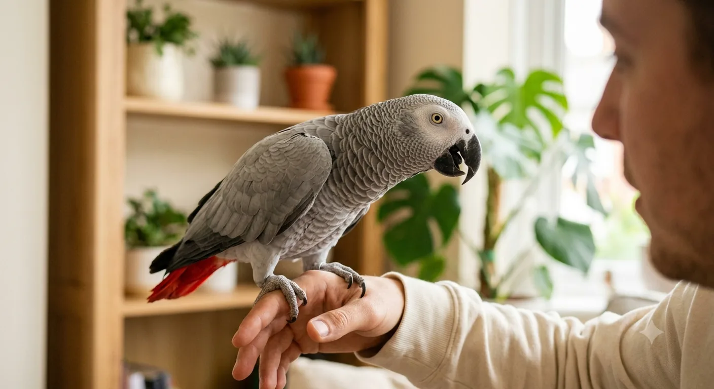 Hand-raised Congo African Grey leaning toward its keeper with beak open, mid-word during a talking session