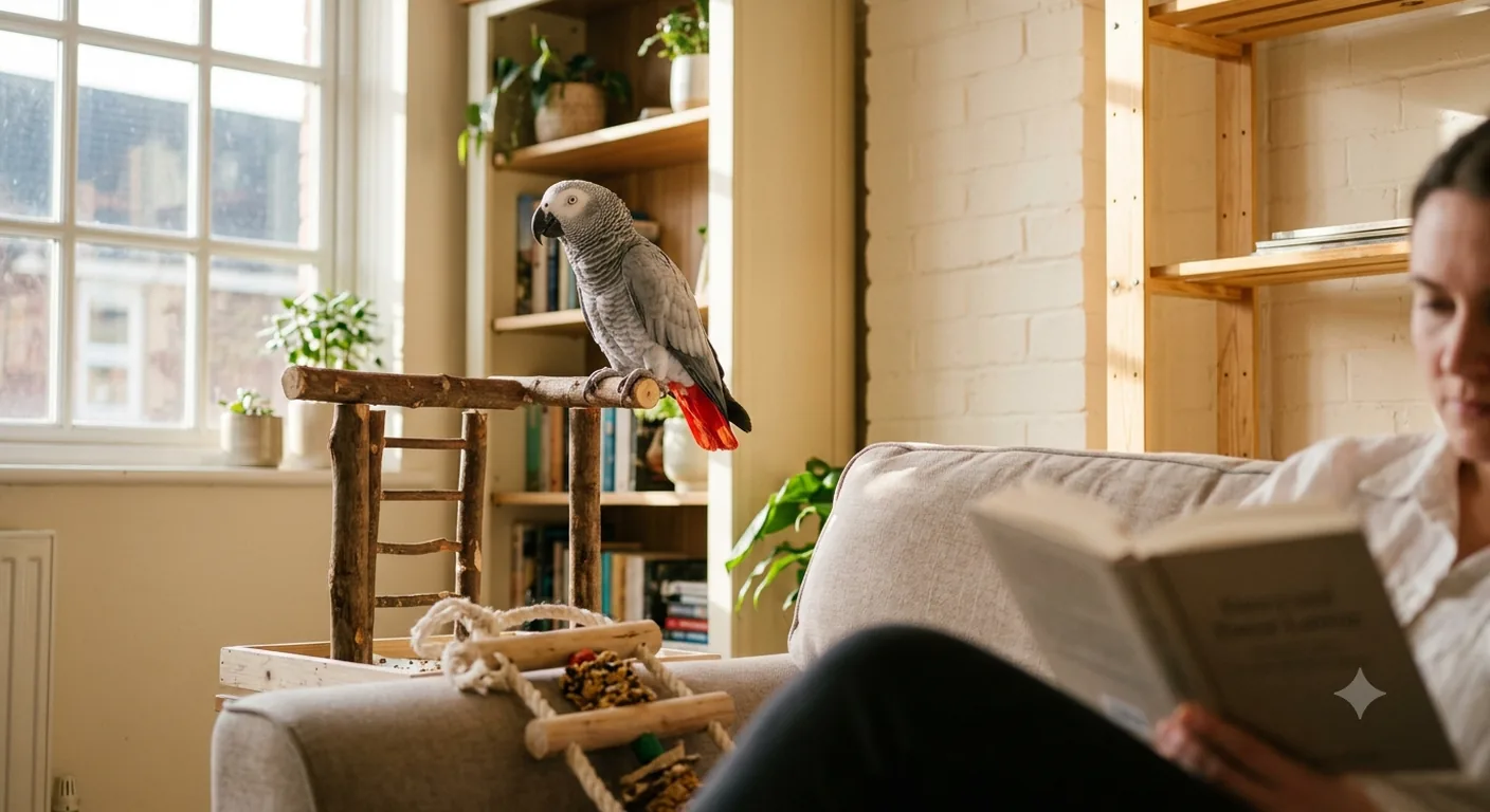 A Congo African Grey as part of daily family life on a play stand in a warm, sunlit living room