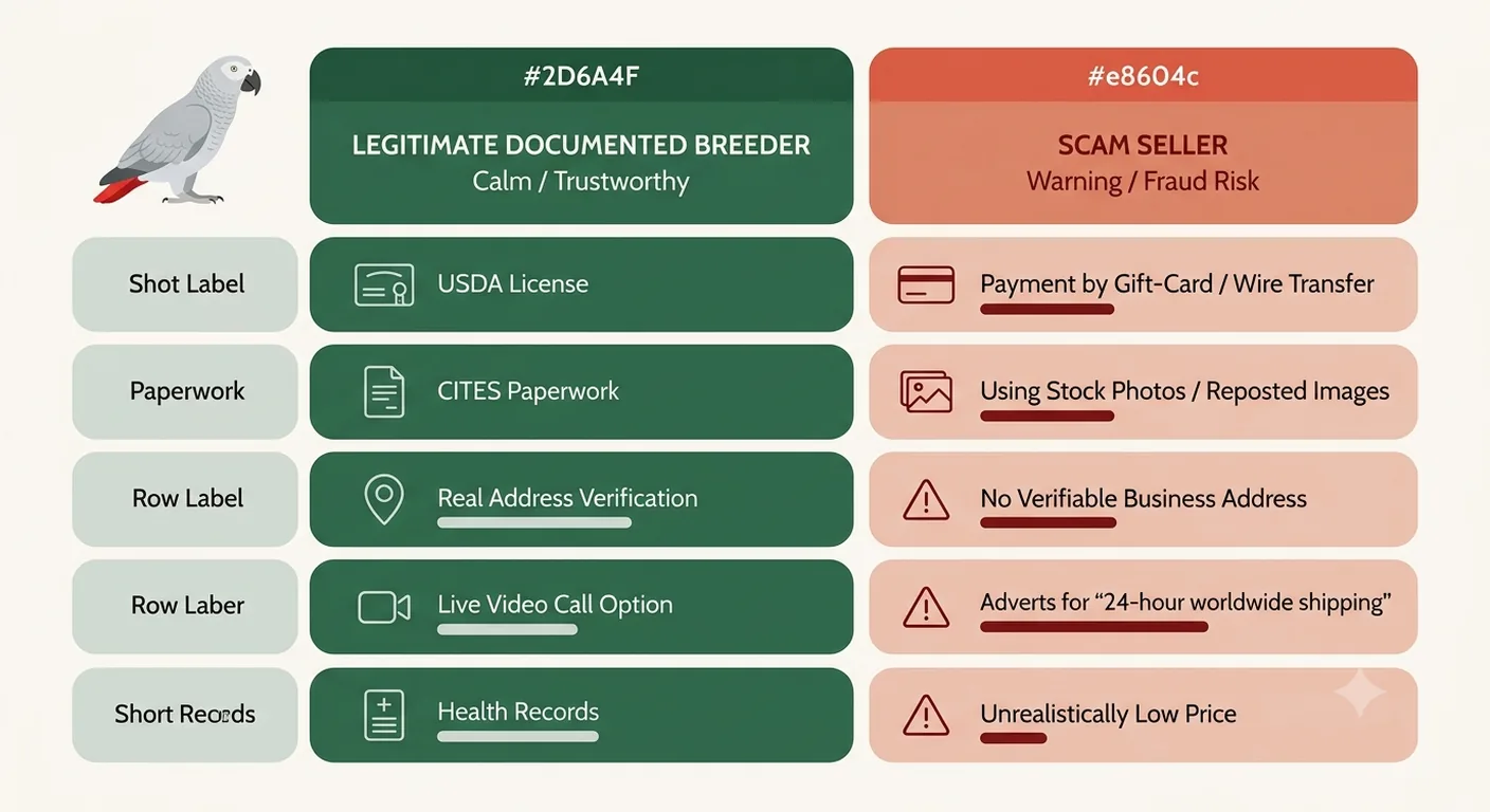 Side-by-side comparison of a legitimate documented Congo African Grey breeder versus a scam seller's red flags