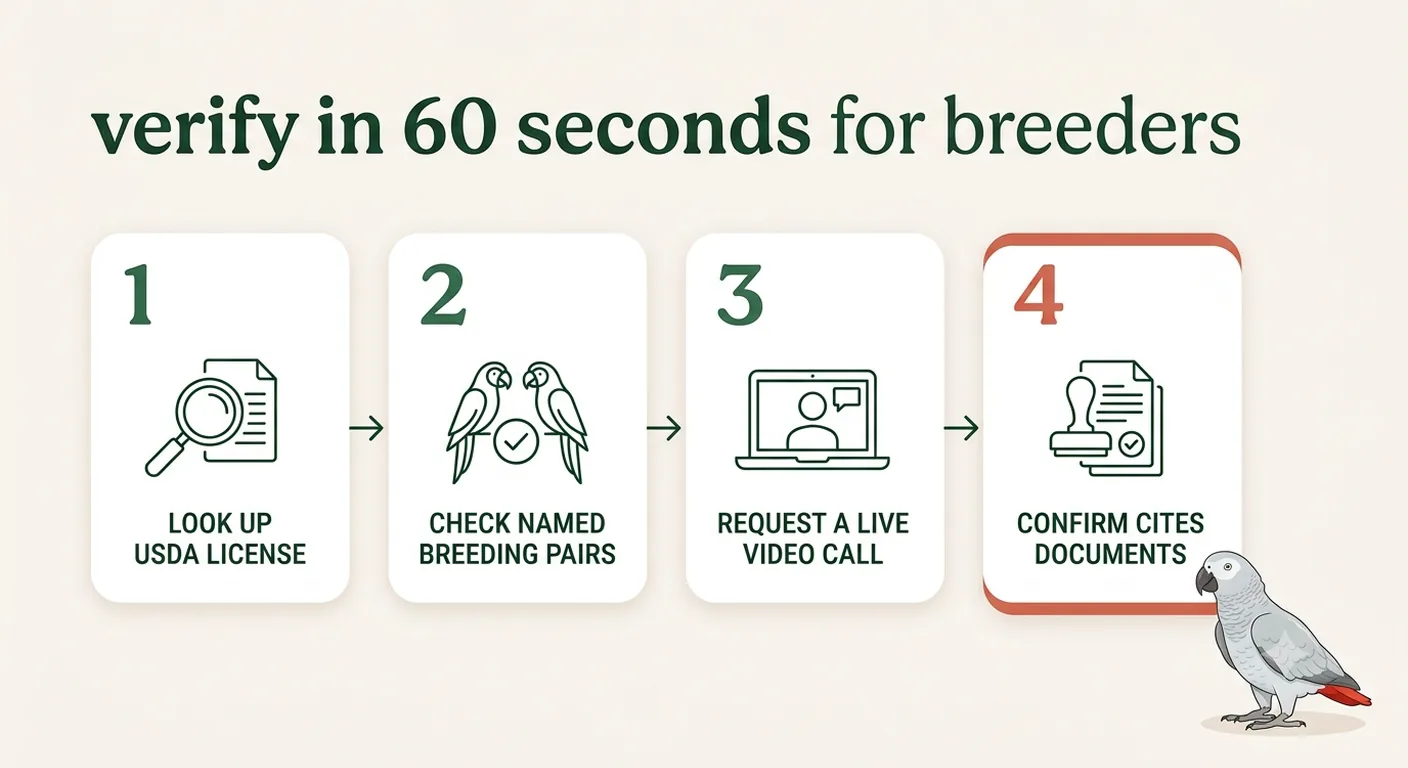 Four-step verify-in-60-seconds flow for checking a Congo African Grey breeder before paying