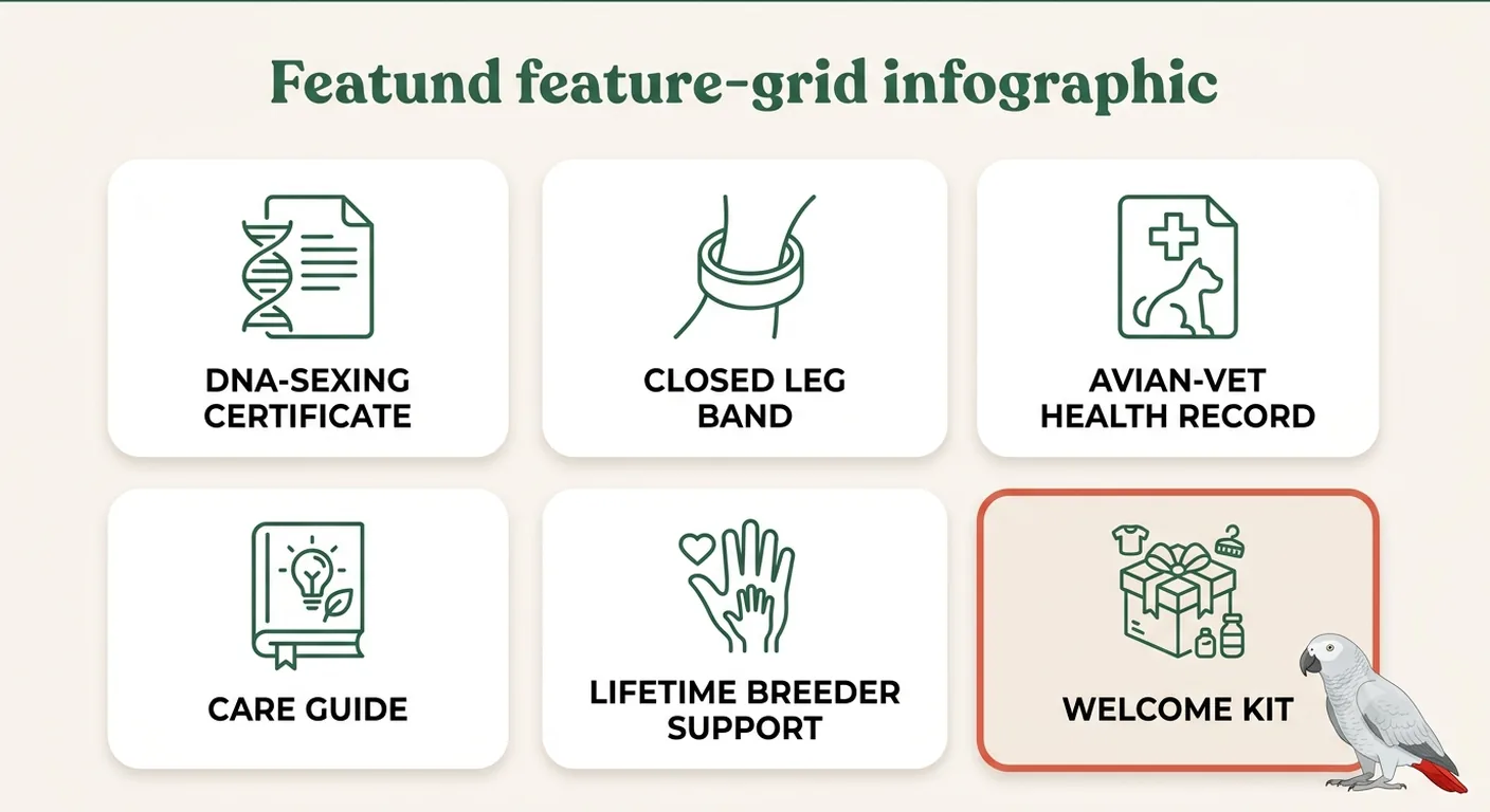 Feature grid infographic of what's included when you reserve a Congo African Grey — certificates, band, care guide and support