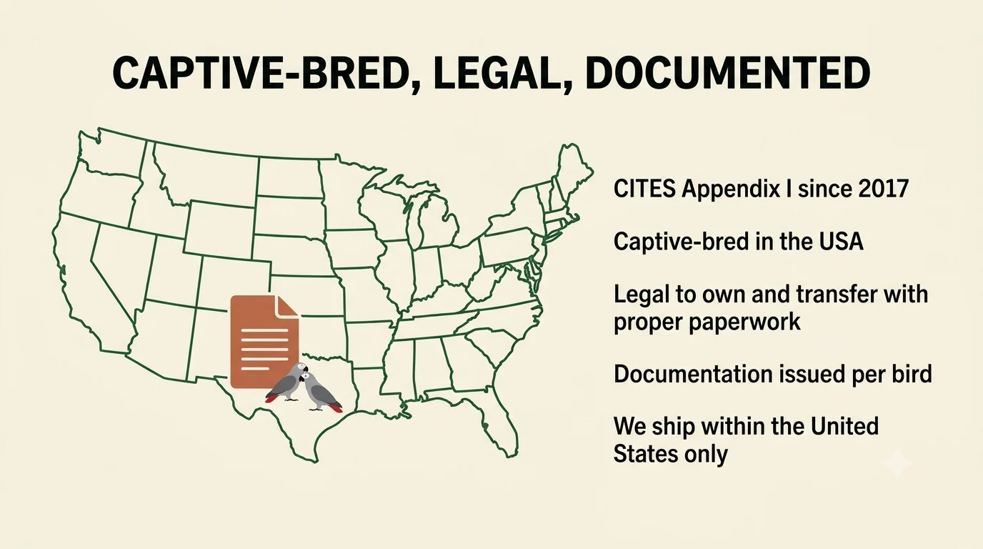 What CITES Appendix I status means for owning and transferring two captive-bred greys inside the USA