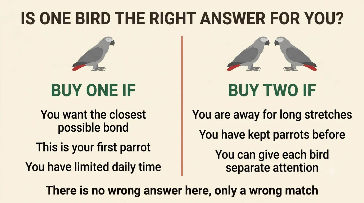 A buy-one or buy-two decision guide for African Grey households, split by free time and experience