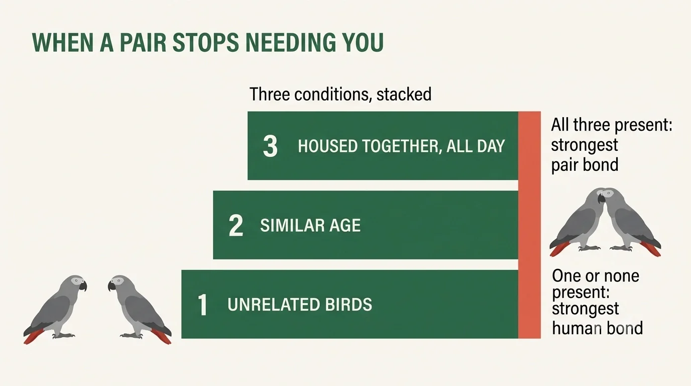 The three stacked conditions that let a Congo African Grey pair bond to each other instead of to you