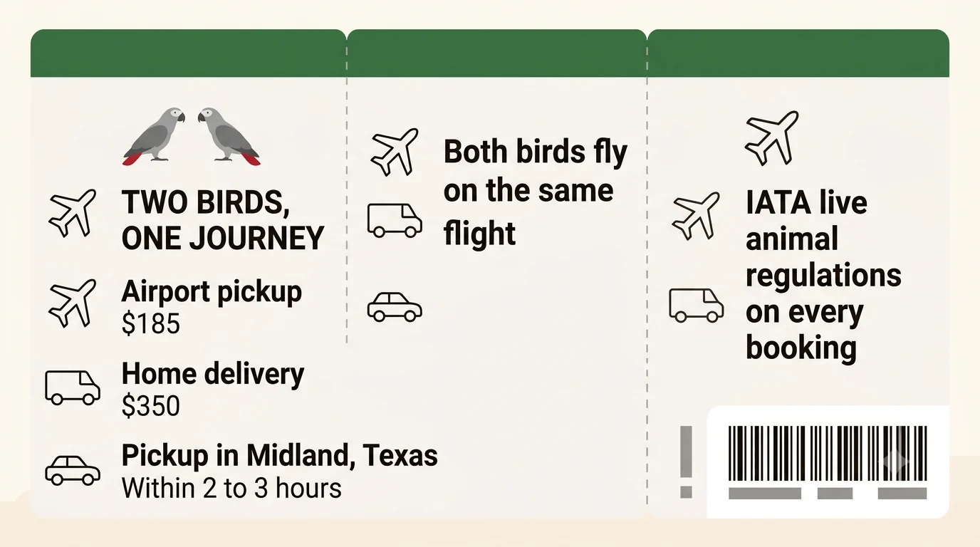 How a two-bird reservation travels: airport cargo at $185, home delivery at $350, or Midland pickup
