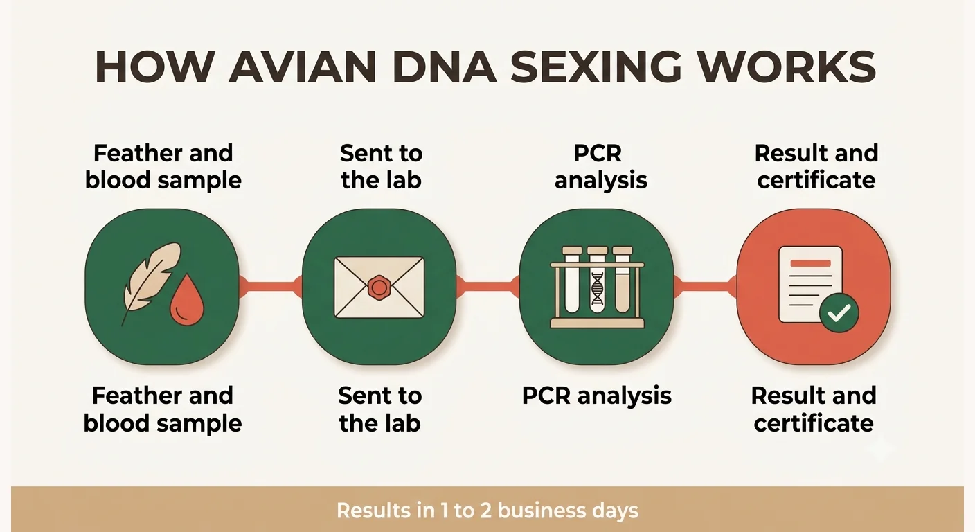 The four steps of avian DNA sexing — sample collection, despatch to the laboratory, PCR analysis, result and certificate