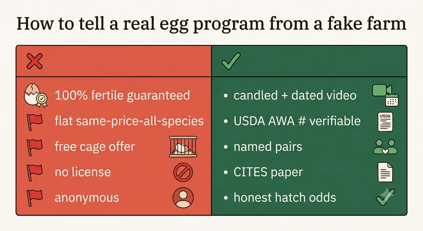 Comparison of real African Grey egg breeders versus fake egg-farm scam patterns
