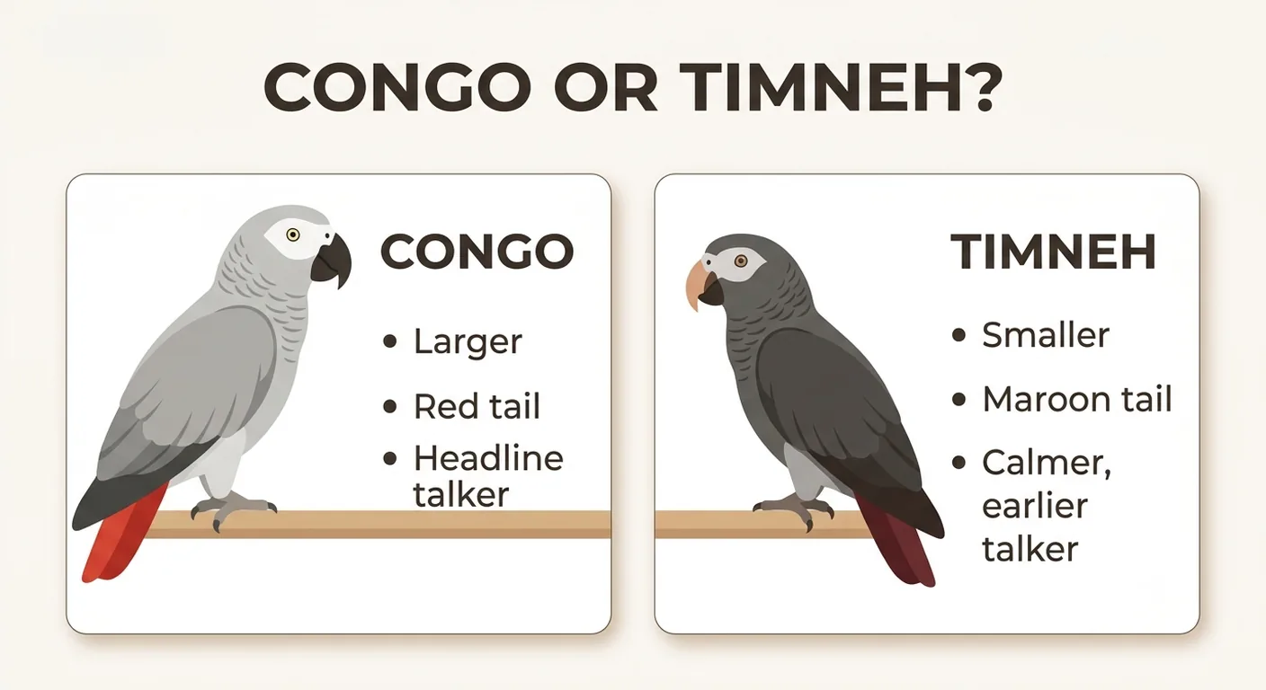 Fast-facts comparison of hand-raised Congo African Grey with a red tail and hand-raised Timneh African Grey with a maroon tail