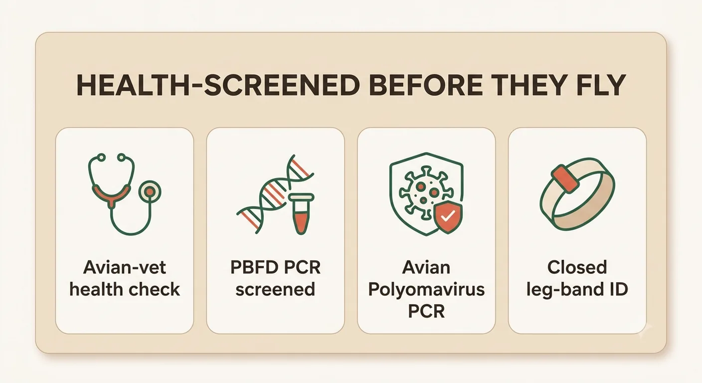 Health screening on every hand-raised African Grey before shipping: avian-vet health check, PBFD PCR screened, Avian Polyomavirus PCR, and closed leg-band identification