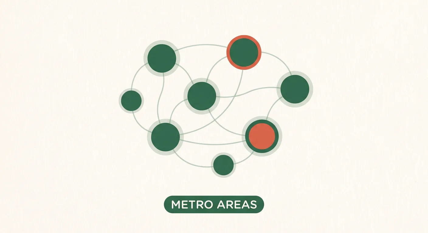 Metro clusters shown as linked dots rather than a labelled map