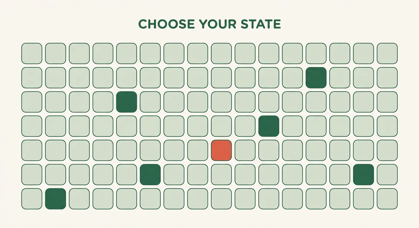 A grid of state tiles a buyer picks from to reach their area