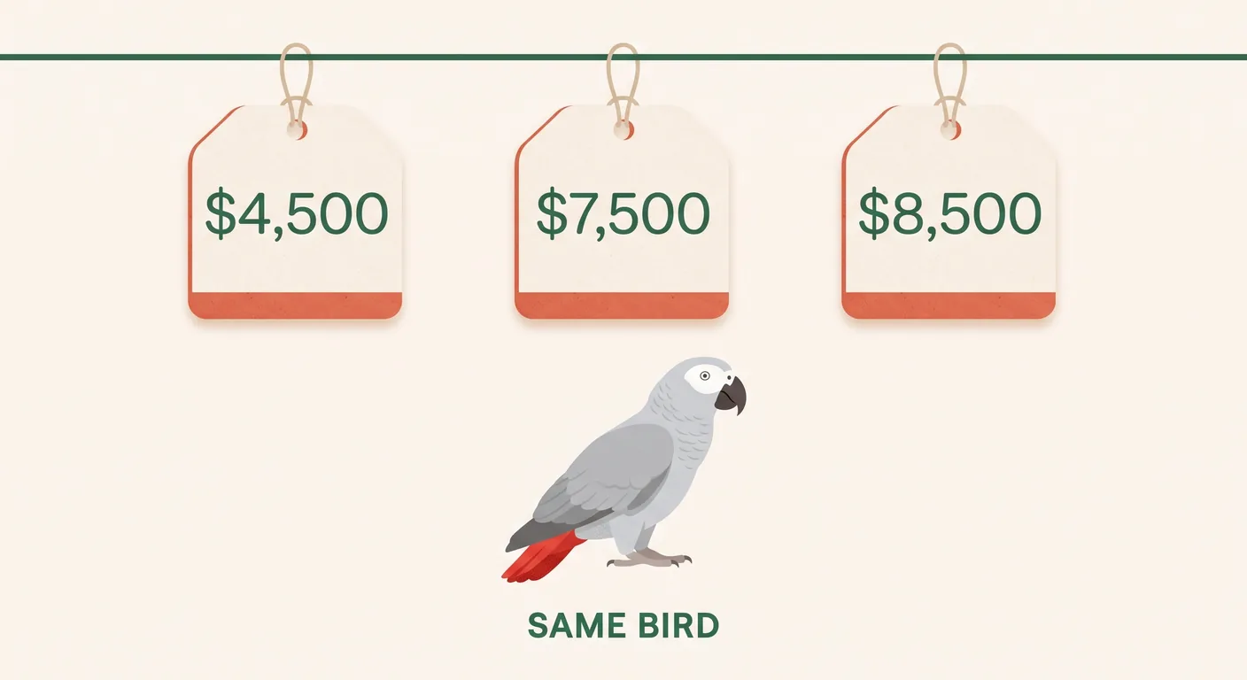 The same African Grey advertised at three different prices on three classified sites