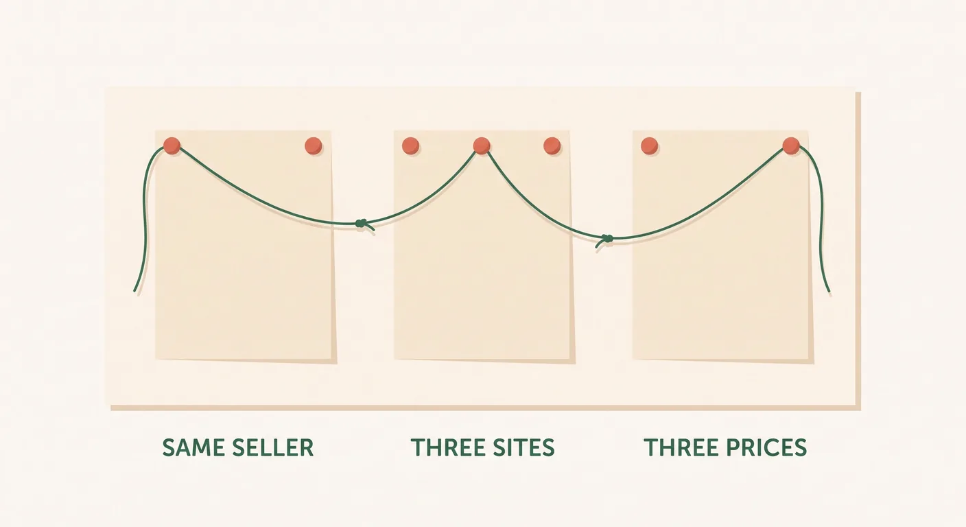 One seller's listings pinned together across three separate sites
