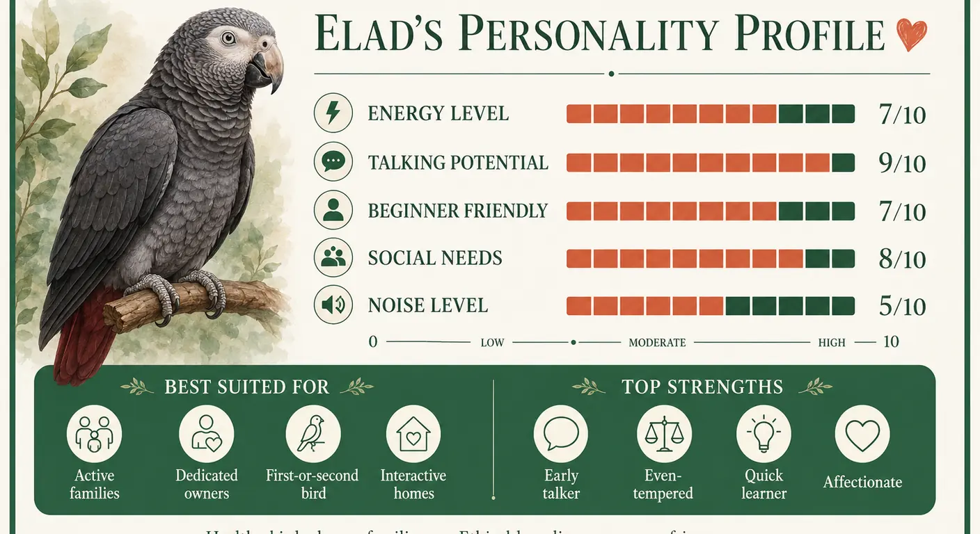 Elad's Timneh African Grey personality profile — energy, talking, beginner-friendly, social and noise ratings