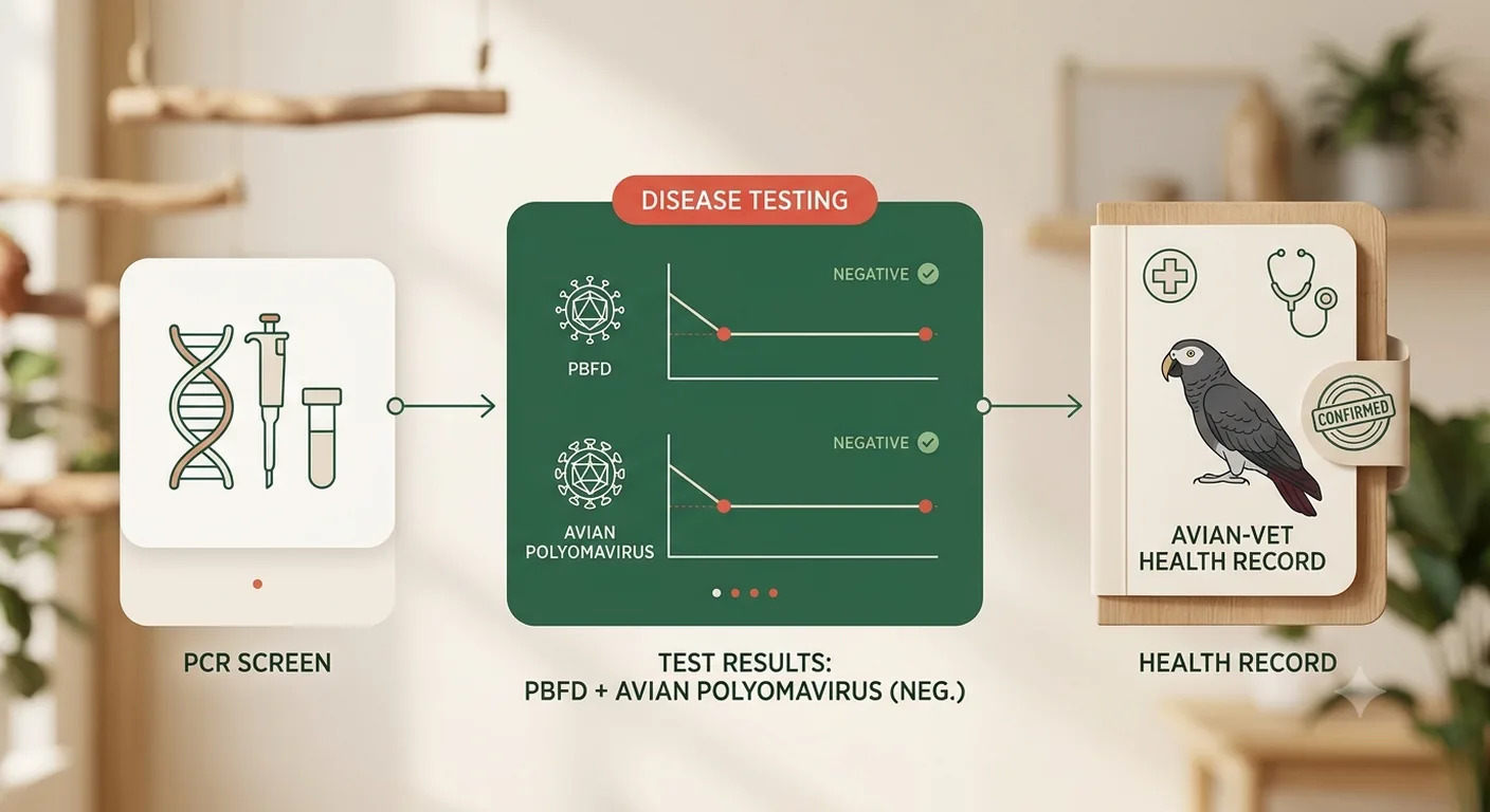 Infographic of Timneh African Grey health screening — PCR test for PBFD and Avian Polyomavirus into an avian-vet health record