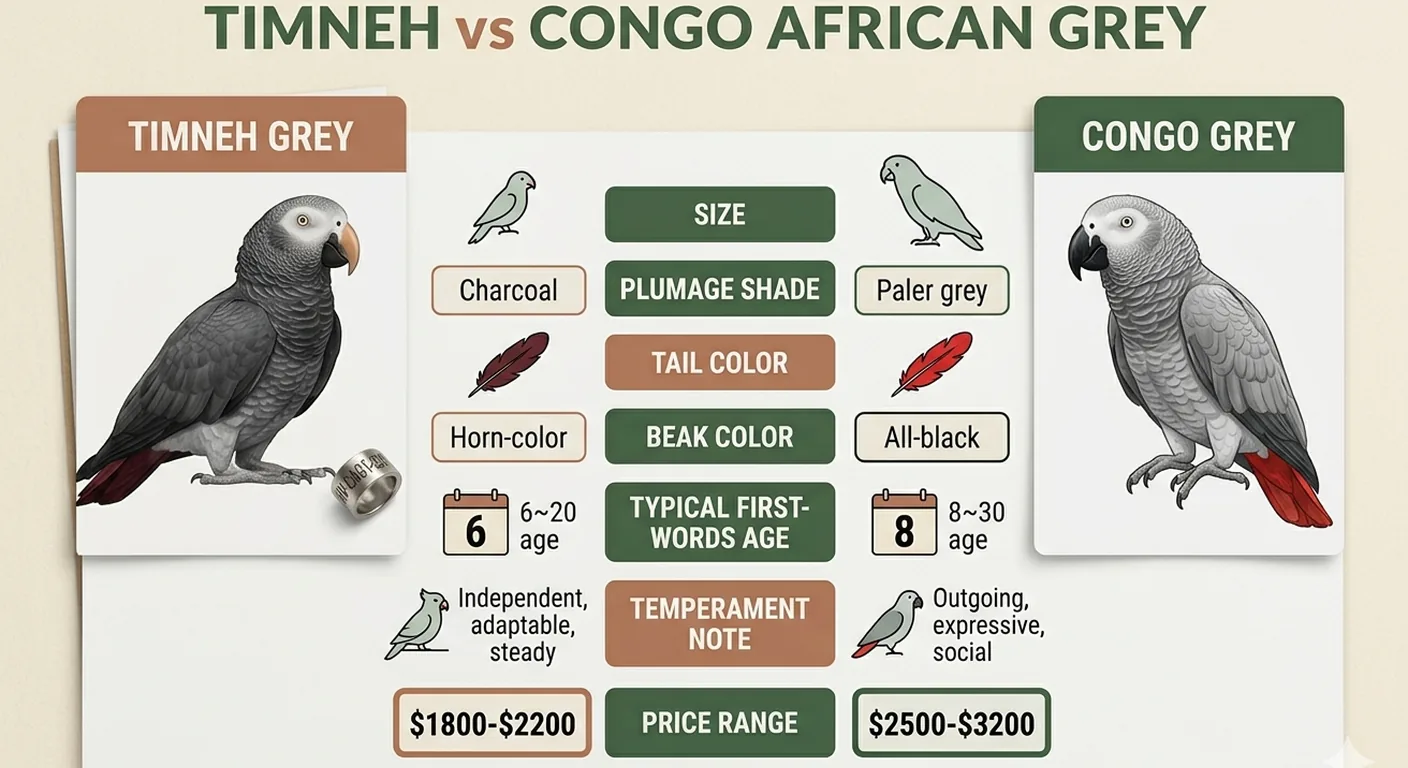 Timneh vs Congo African Grey fast-facts — size, tail colour, beak and temperament compared