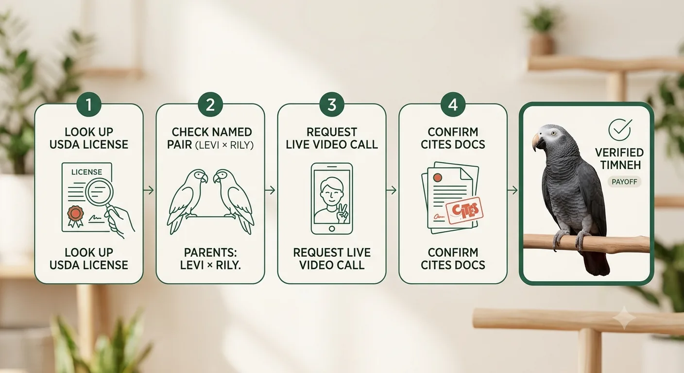 Four-step verify-in-60-seconds flow for a Timneh African Grey breeder — look up the USDA license, check the named Levi and Rily pair, request a live video call, then confirm CITES documents