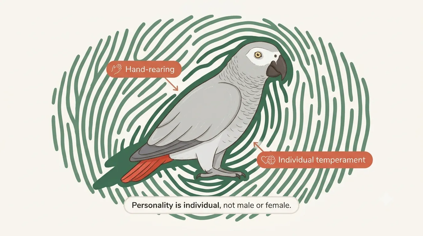 Field-guide comparison chart of a male versus female African Grey showing identical appearance, size, talking and temperament, with DNA as the only way to sex them